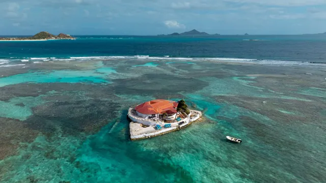 Aerial view of reef and a small islet in the Grenadines