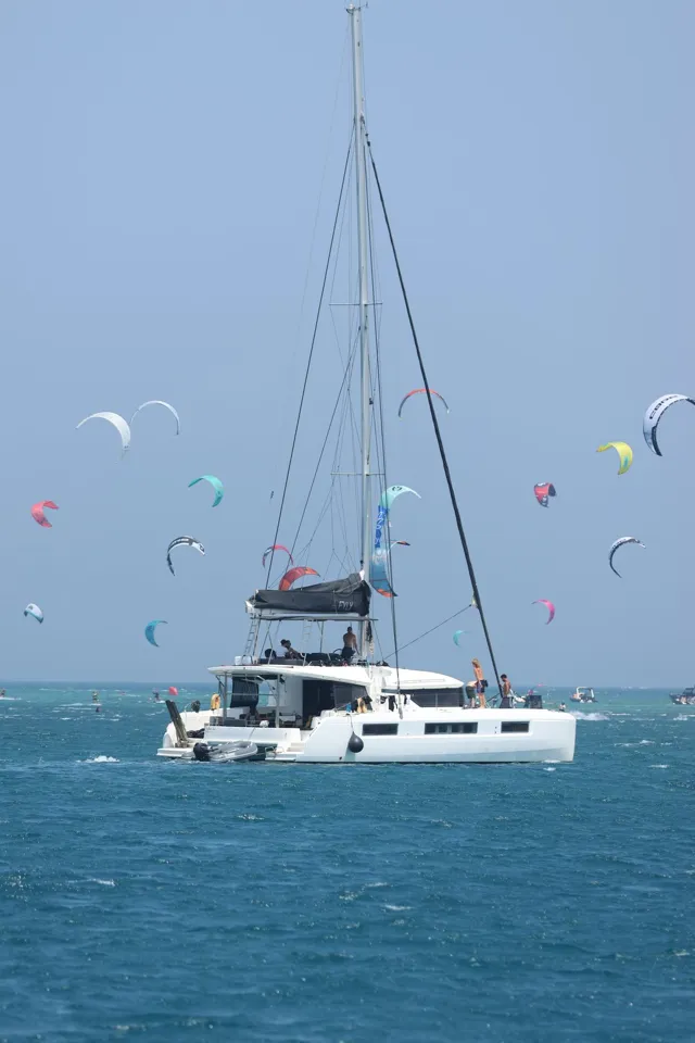Catamaran at anchor surrounded by kites in a bay